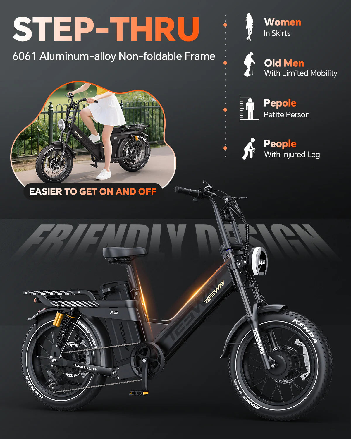 TESWAY X5 AWD Dual Motor Step-Thru Electric Bike (52V 60Ah, 3600W Peak)