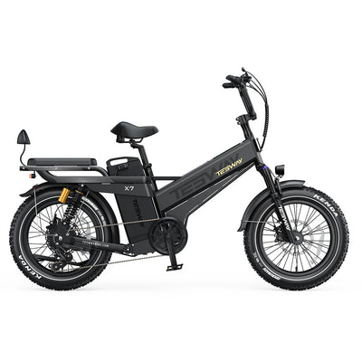 Tesway X7 Pro New in Black, side view: non-folding step-over frame, rear platform and backed seat — Zeus eBikes Canada