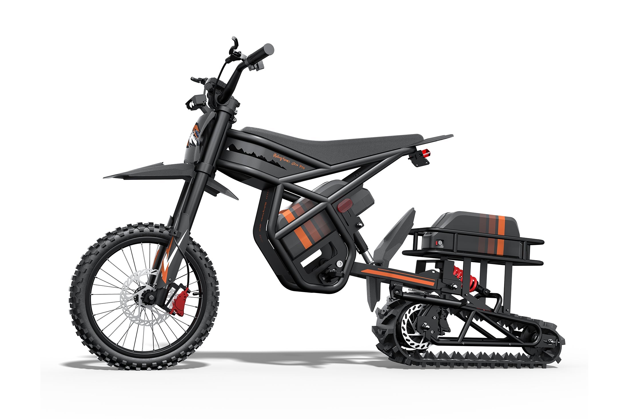 Riding Times snow track kit components alongside the electric motorbike they fit — Zeus eBikes Canada
