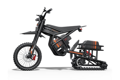 Riding Times snow track kit components alongside the electric motorbike they fit — Zeus eBikes Canada