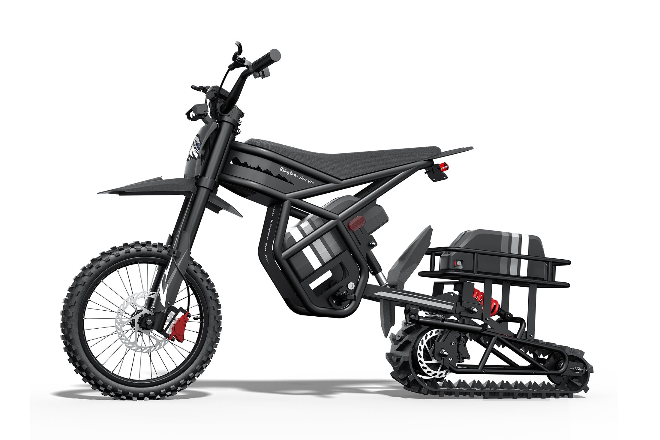 Riding Times snow track conversion complete with front sledge and rear track, profile view — Zeus eBikes Canada
