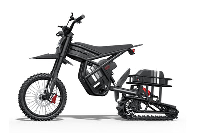 Riding Times snow track conversion complete with front sledge and rear track, profile view — Zeus eBikes Canada