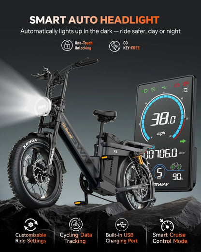 TESWAY X5 AWD Dual Motor Step-Thru Electric Bike (52V 60Ah, 3600W Peak)