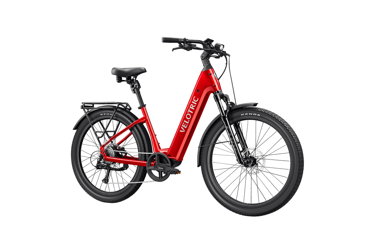 Velotric Discover 3 in Cherry Crimson, front three-quarter view — Zeus eBikes Canada