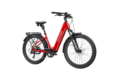 Velotric Discover 3 in Cherry Crimson, front three-quarter view — Zeus eBikes Canada