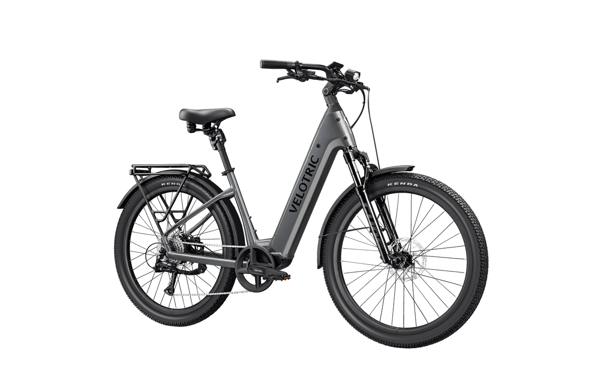 Velotric Discover 3 in Stone Gray, front three-quarter view — Zeus eBikes Canada