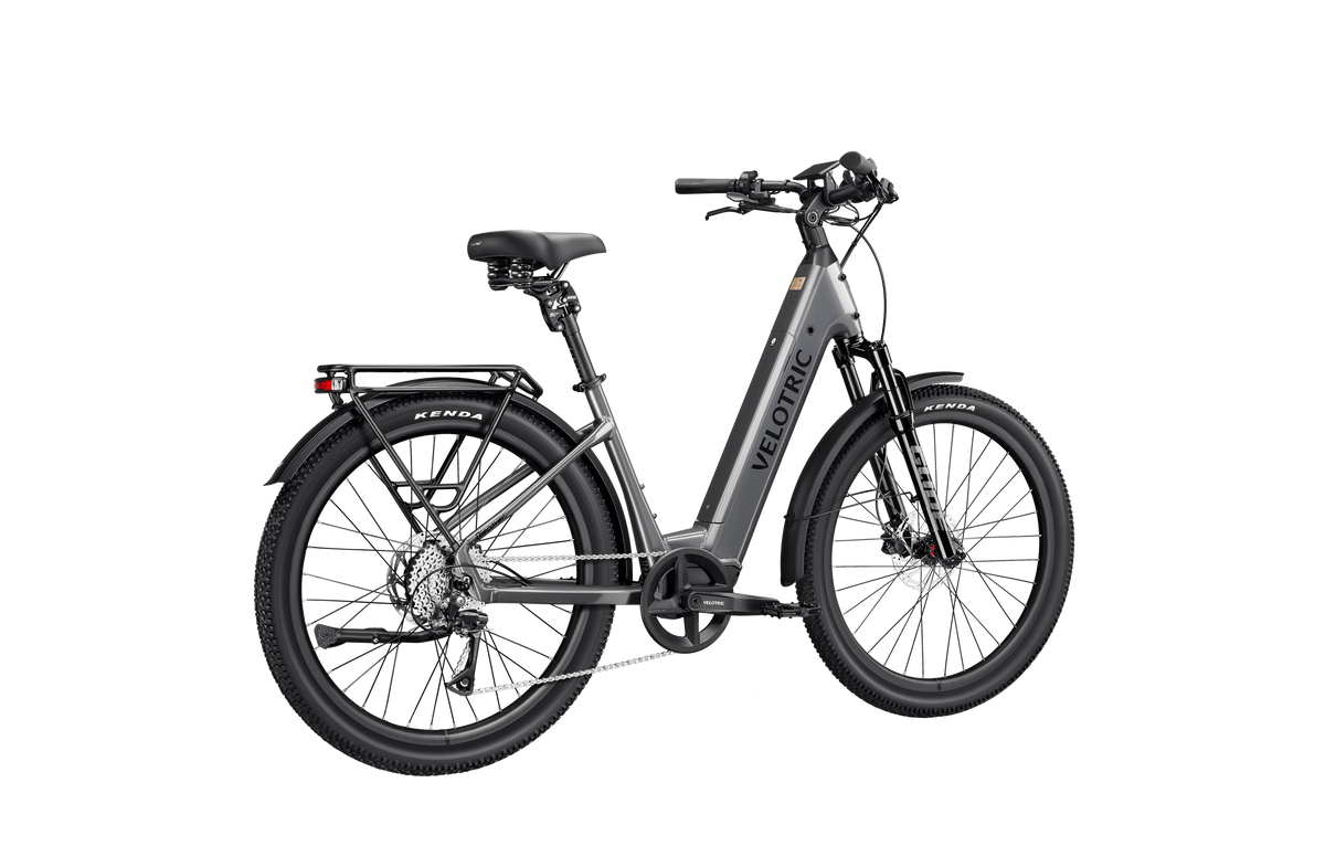 Velotric Discover 3 in Stone Gray, rear three-quarter view — Zeus eBikes Canada