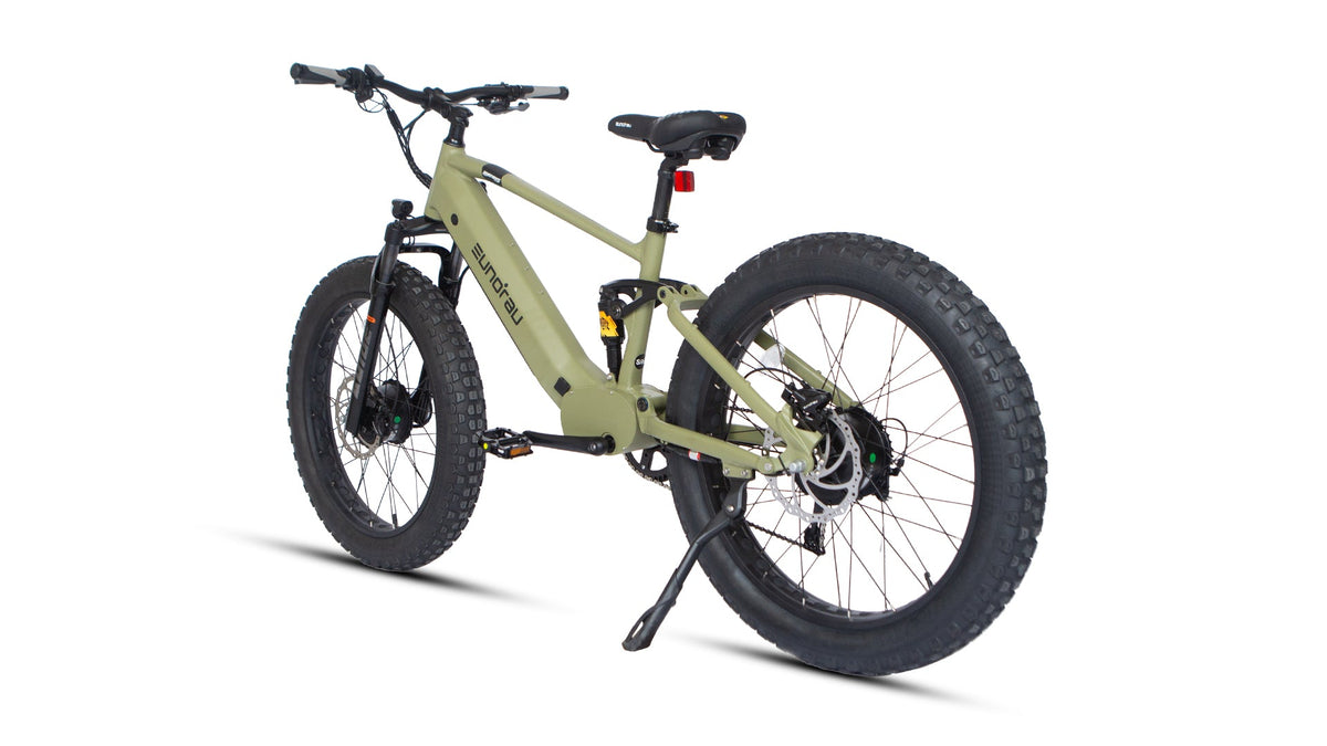 Eunorau Defender-S 2.0 in Army Green, rear three-quarter view: rear hub motor, kickstand and red rear reflector — Zeus eBikes Canada