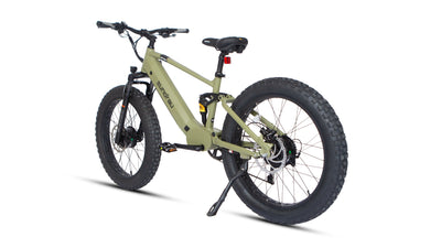Eunorau Defender-S 2.0 in Army Green, rear three-quarter view: rear hub motor, kickstand and red rear reflector — Zeus eBikes Canada