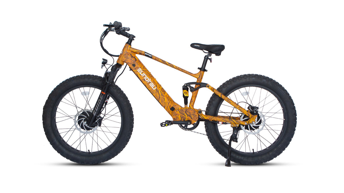 Eunorau Defender-S 2.0 in Dry Grass Camo, non-drive side with kickstand down — Zeus eBikes Canada