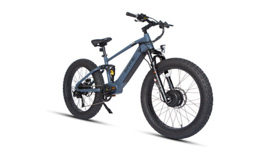 Eunorau Defender-S 2.0 in Moon Black, front three-quarter view: suspension fork, front hub motor and headlight — Zeus eBikes Canada