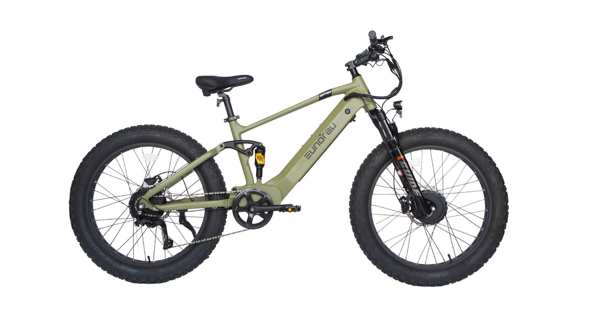 Eunorau Defender-S 2.0 / Hunter X6 in Army Green, drive side: front and rear hub motors, four-bar rear suspension and 26x4.0 fat tires — Zeus eBikes Canada