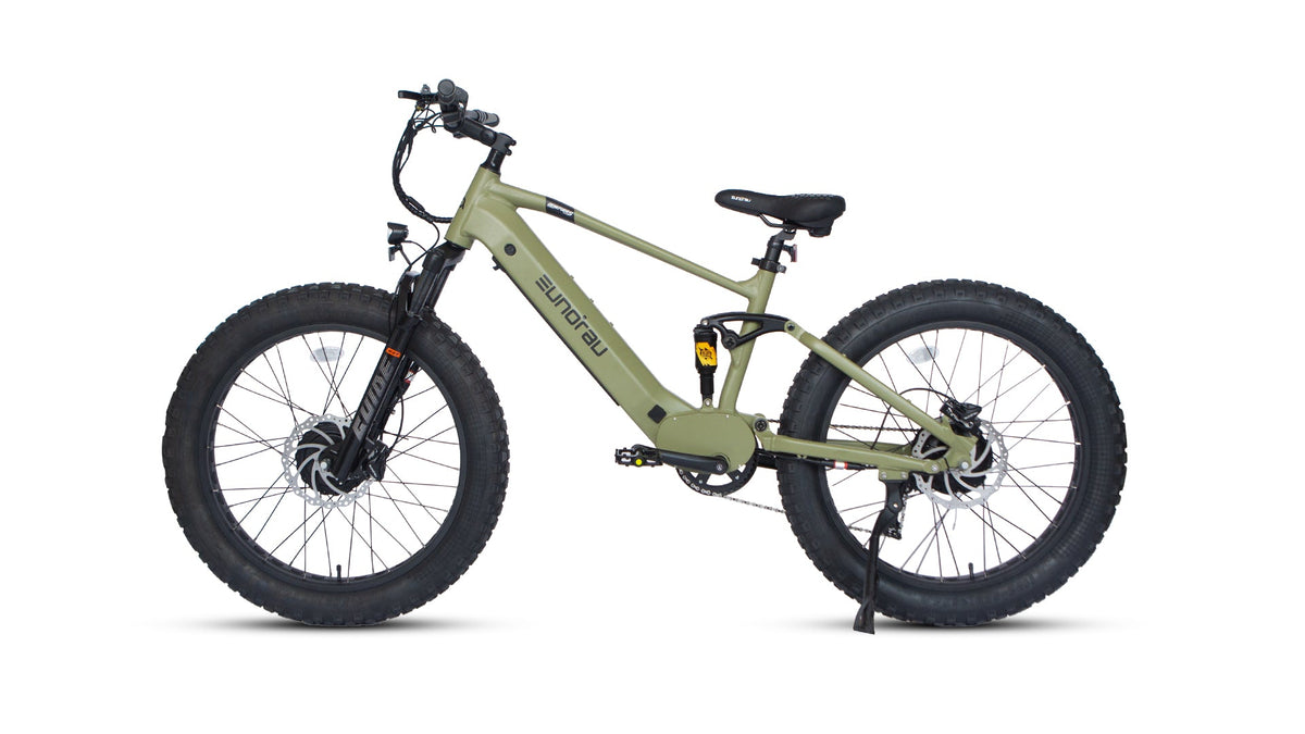 Eunorau Defender-S 2.0 in Army Green, non-drive side with kickstand down — Zeus eBikes Canada