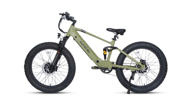 Eunorau Defender-S 2.0 in Army Green, non-drive side with kickstand down — Zeus eBikes Canada