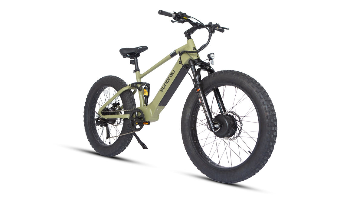 Eunorau Defender-S 2.0 in Army Green, front three-quarter view: suspension fork, front hub motor and headlight — Zeus eBikes Canada