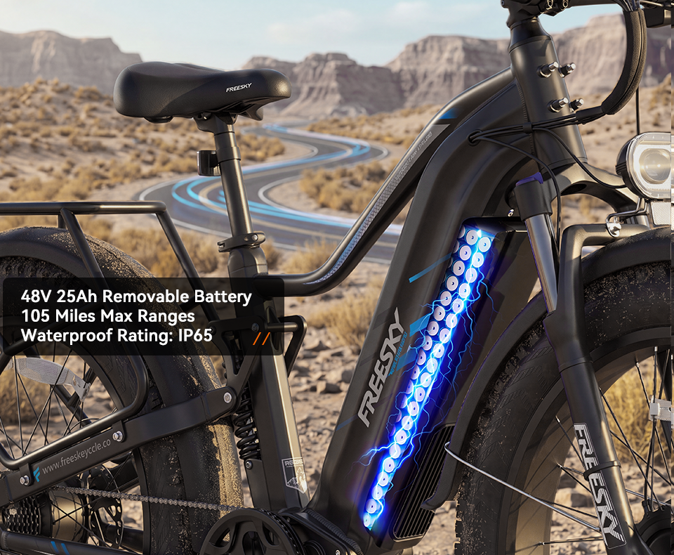 48V 25Ah 1,200Wh lithium battery of the Freesky Eurostar Turbo M-410 electric bike — Zeus eBikes Canada