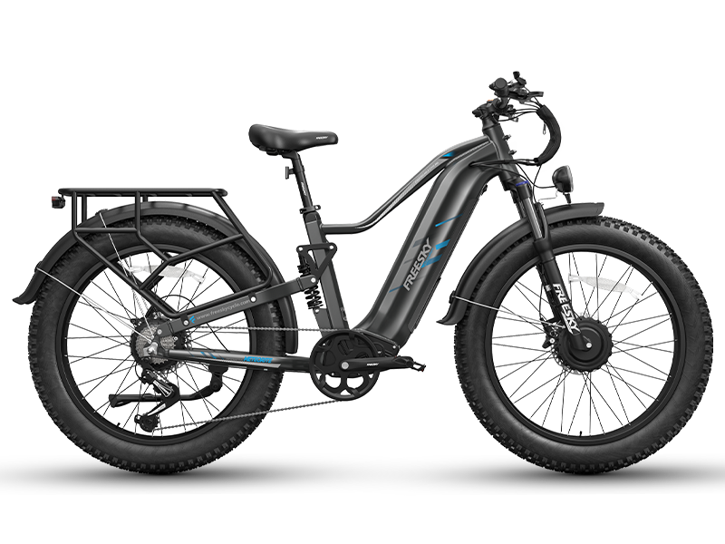 Freesky Eurostar Turbo M-410 in black, side profile showing full-suspension frame and 26-inch fat tires — Zeus eBikes Canada