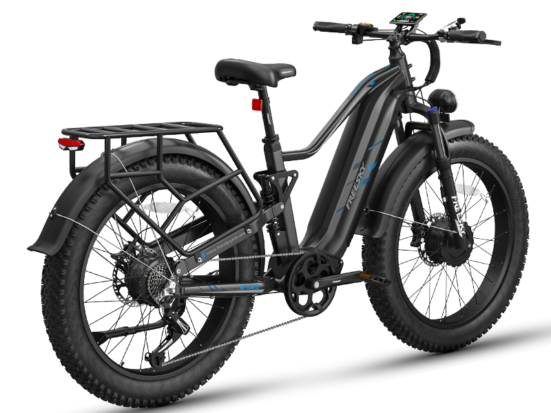 Freesky Eurostar Turbo M-410 in black, rear three-quarter view with rear rack and mudguards — Zeus eBikes Canada
