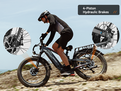 180mm four-piston hydraulic disc brake on the Freesky Eurostar Turbo M-410 electric bike — Zeus eBikes Canada