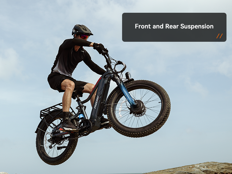 Full-suspension fork and rear shock detail on the Freesky Eurostar Turbo M-410 electric bike — Zeus eBikes Canada