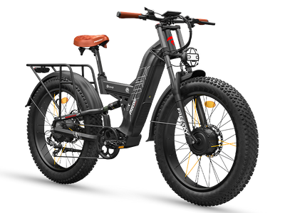 Freesky Warrior Ultra M-530 60V dual-motor fat-tire electric bike in black, front three-quarter view showing the front hub motor, caged headlight and rear rack — Zeus eBikes Canada