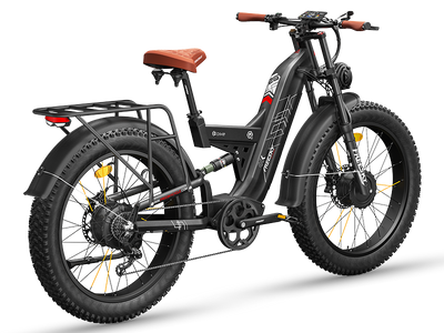 Freesky Warrior Ultra M-530 in black, rear three-quarter view showing the rear hub motor, Shimano 7-speed cassette and rack-mounted tail light — Zeus eBikes Canada