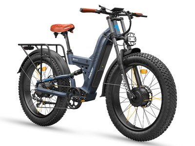 Freesky Warrior Ultra M-530 in blue-gray, front three-quarter view showing the front hub motor and caged headlight — Zeus eBikes Canada