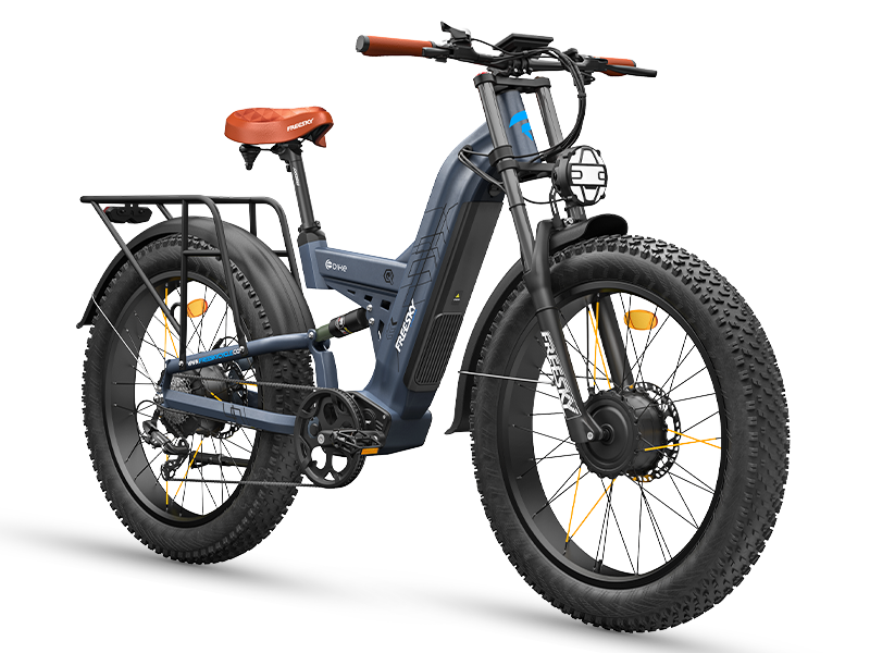 Freesky Warrior Ultra M-530 in blue-gray, front three-quarter view showing the front hub motor and caged headlight — Zeus eBikes Canada