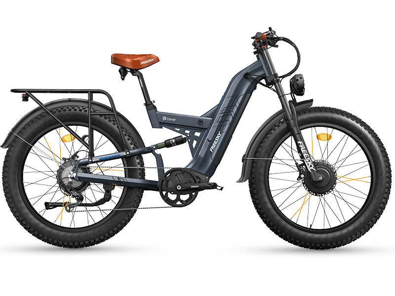 Freesky Warrior Ultra M-530 in blue-gray, full side profile showing the step-over frame, rear rack and fat tires — Zeus eBikes Canada