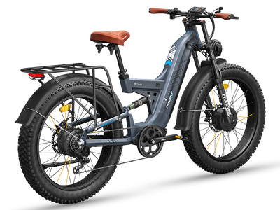 Freesky Warrior Ultra M-530 in blue-gray, rear three-quarter view showing the rear hub motor and drivetrain — Zeus eBikes Canada