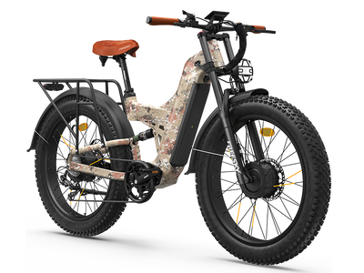 Freesky Warrior Ultra M-530 in camouflage, front three-quarter view showing the front hub motor and caged headlight — Zeus eBikes Canada