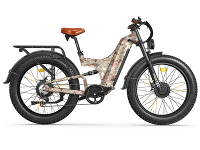 Freesky Warrior Ultra M-530 in camouflage, full side profile showing the frame, rear rack and fat tires — Zeus eBikes Canada