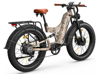 Freesky Warrior Ultra M-530 in camouflage, rear three-quarter view showing the rear hub motor and drivetrain — Zeus eBikes Canada