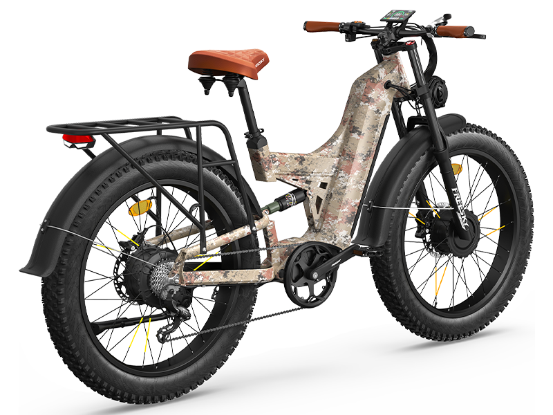 Freesky Warrior Ultra M-530 in camouflage, rear three-quarter view showing the rear hub motor and drivetrain — Zeus eBikes Canada