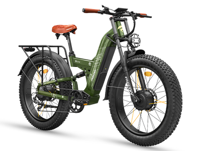 Freesky Warrior Ultra M-530 in green, front three-quarter view showing the front hub motor and caged headlight — Zeus eBikes Canada