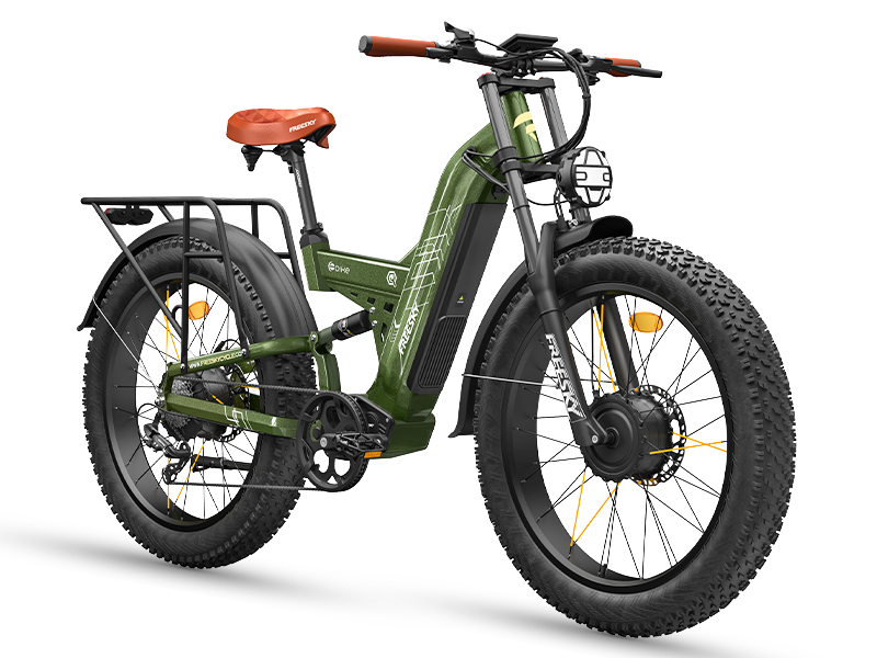 Freesky Warrior Ultra M-530 in green, front three-quarter view showing the front hub motor and caged headlight — Zeus eBikes Canada