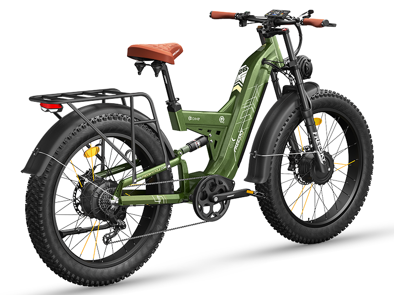 Freesky Warrior Ultra M-530 in green, rear three-quarter view showing the rear hub motor and drivetrain — Zeus eBikes Canada