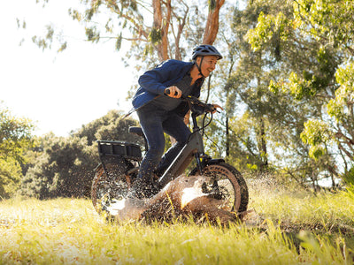 Rider on a Velotric GoMad in Sage crossing a grassy field (Velotric photo) — Zeus eBikes Canada