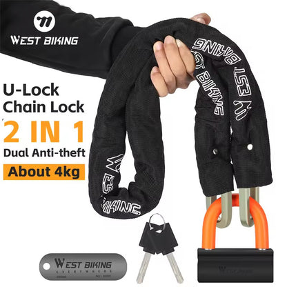 WEST BIKING Bicycle Lock 2 in 1 Heavy Anti-theft Chain U-Lock MTB Road Bike E-bike Motorcycle 2 Keys Dual Security Chain Lock