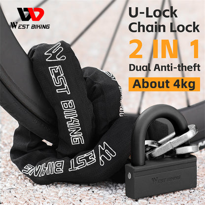WEST BIKING Bicycle Lock 2 in 1 Heavy Anti-theft Chain U-Lock MTB Road Bike E-bike Motorcycle 2 Keys Dual Security Chain Lock