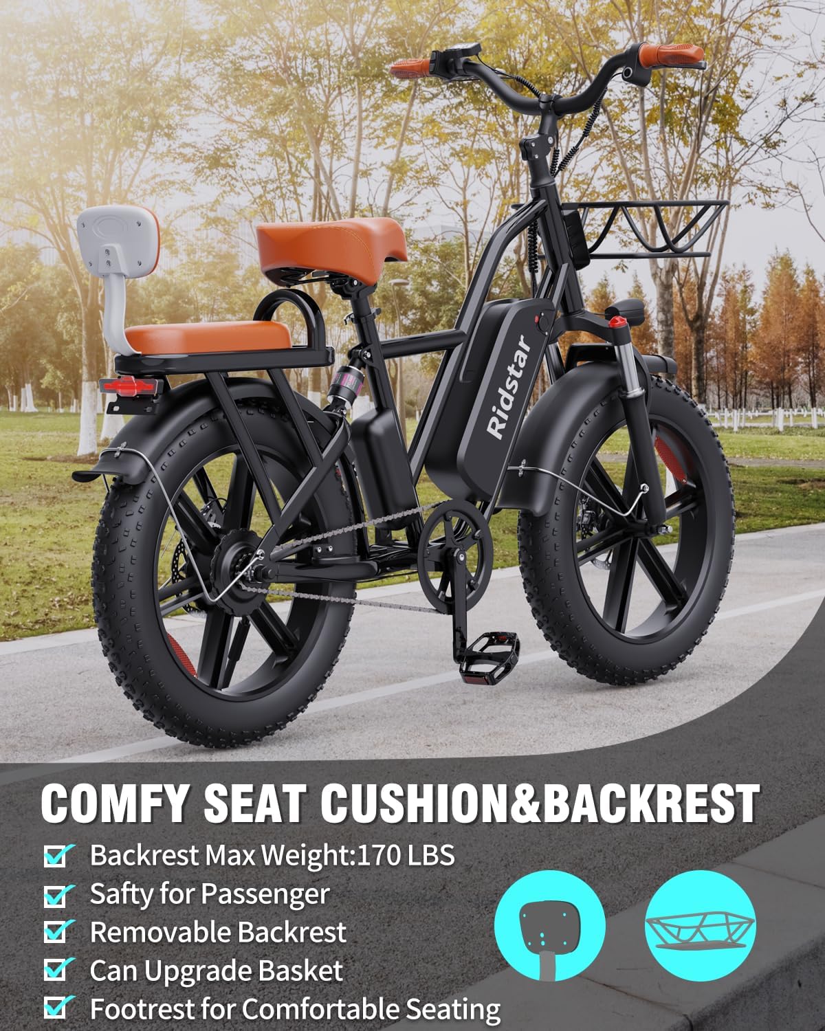 Ridstar FM001 20" 2-Seater Fat Tire Electric Bike — 1000W, 720 Wh