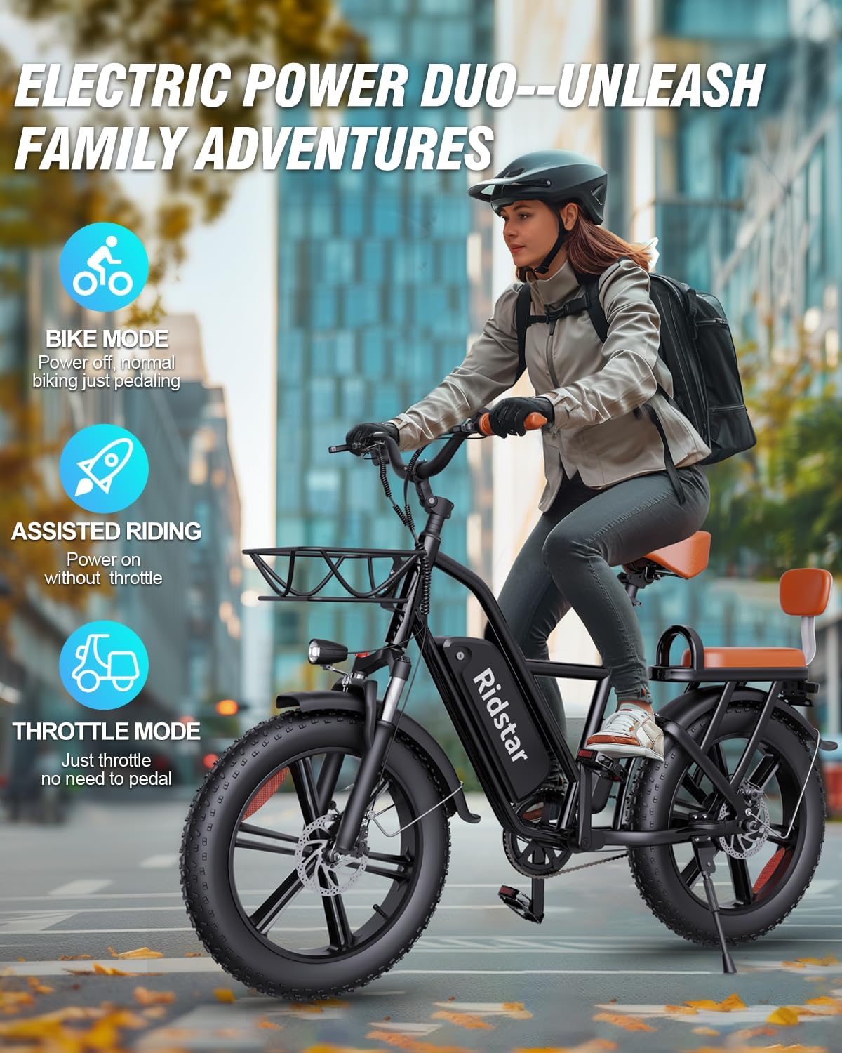 Ridstar FM001 20" 2-Seater Fat Tire Electric Bike — 1000W, 720 Wh