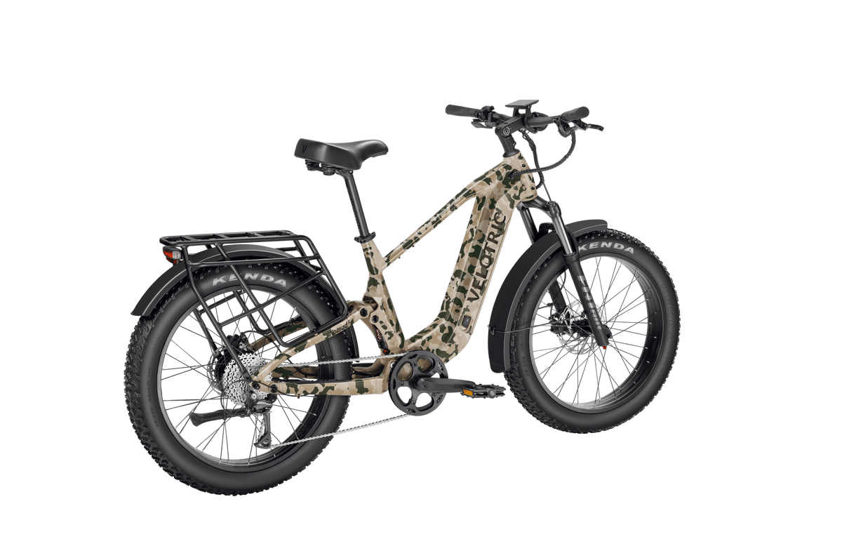 Velotric Nomad 2X High-Step in Multi-Terrain Camo, rear three-quarter view — Zeus eBikes Canada