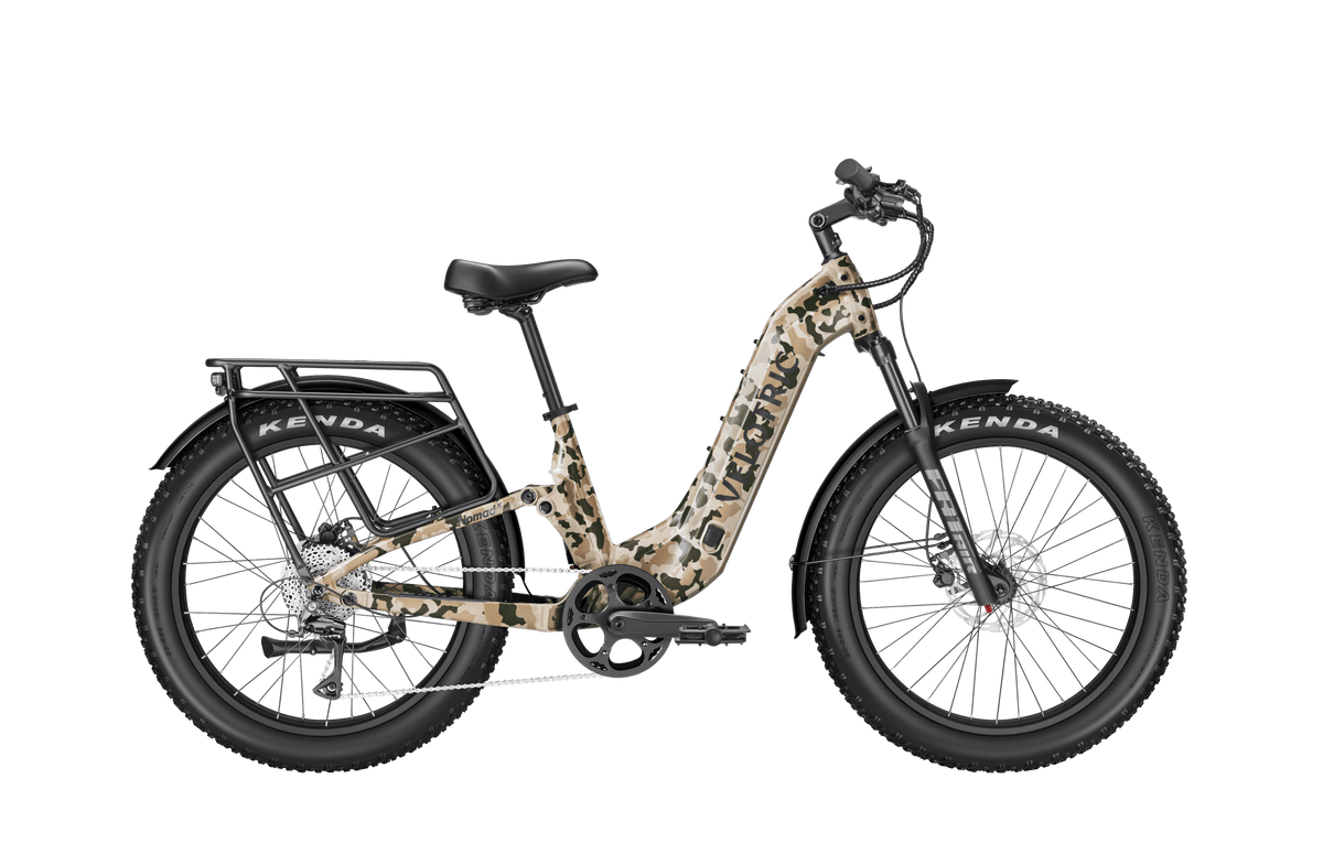 Velotric Nomad 2X Step-Thru in Multi-Terrain Camo, side view — Zeus eBikes Canada