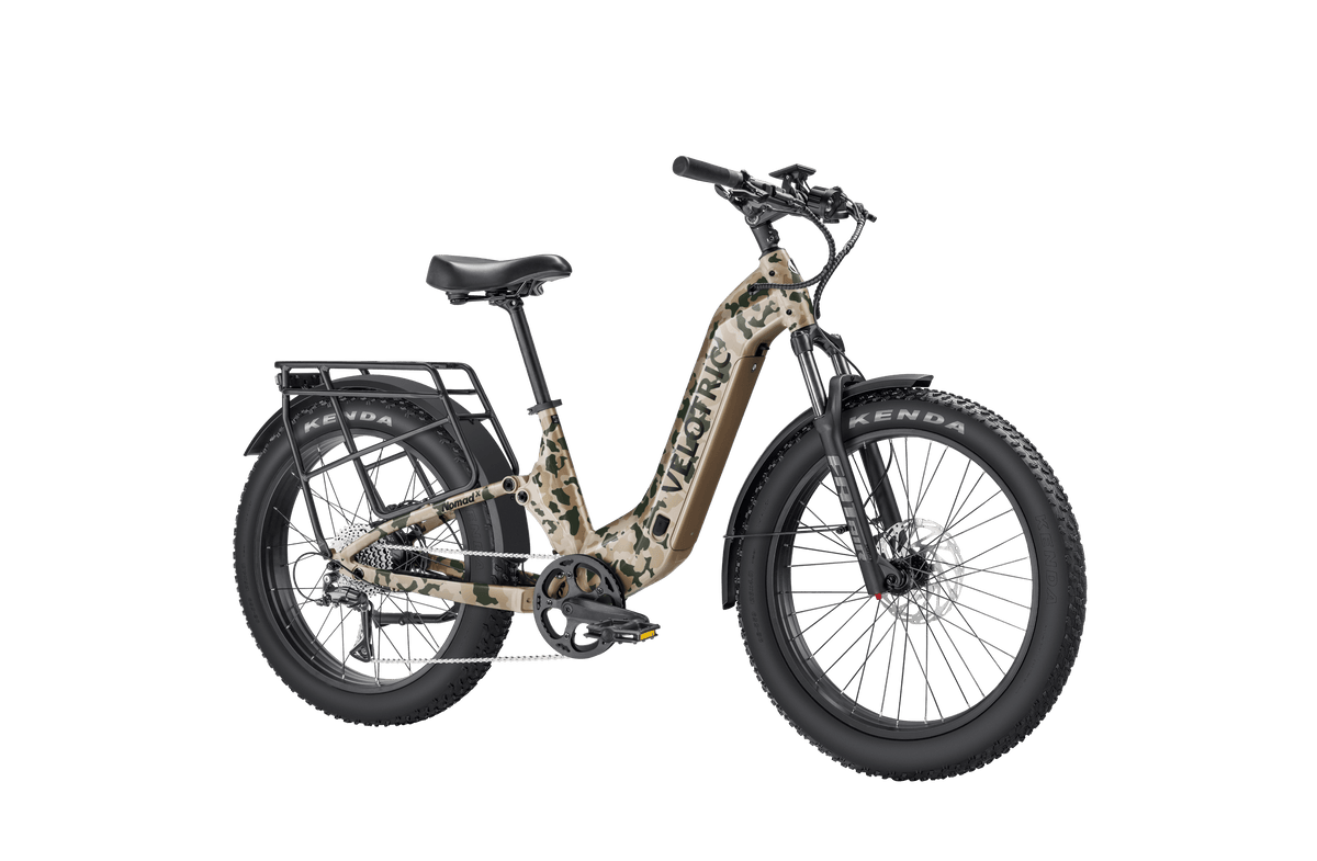 Velotric Nomad 2X Step-Thru in Multi-Terrain Camo, front three-quarter view — Zeus eBikes Canada