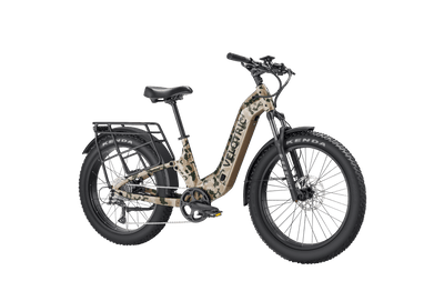 Velotric Nomad 2X Step-Thru in Multi-Terrain Camo, front three-quarter view — Zeus eBikes Canada