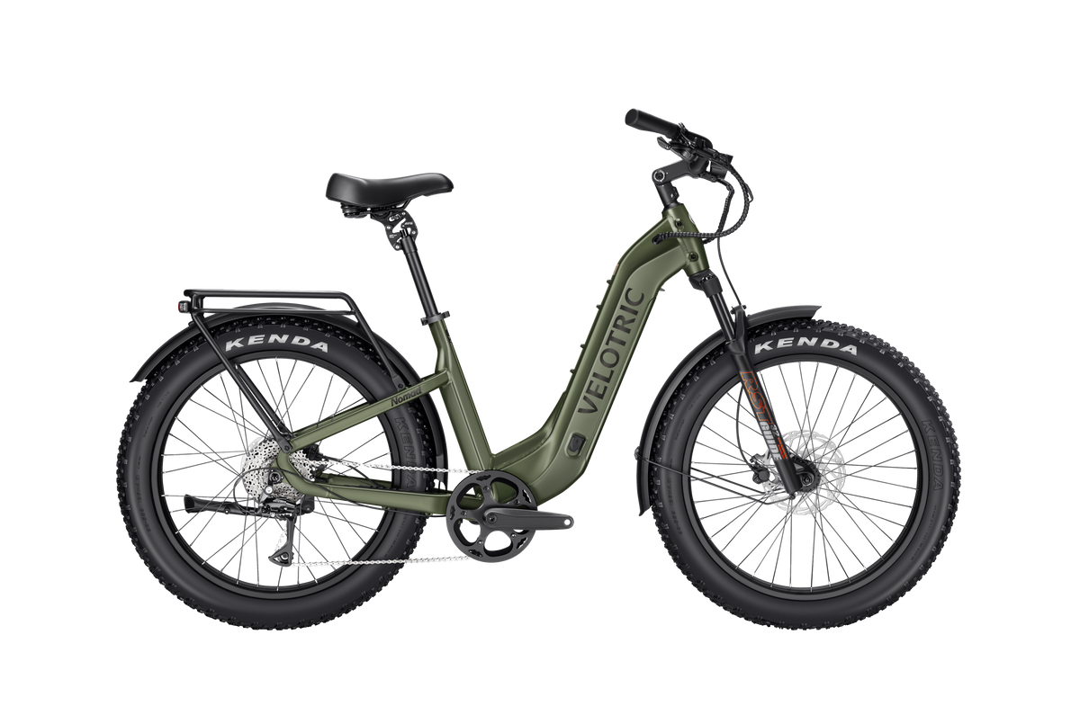 Velotric Nomad 2 Step-Thru in Olive, side view — Zeus eBikes Canada