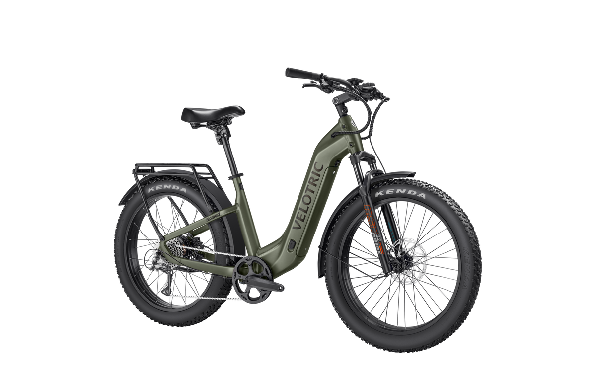 Velotric Nomad 2 Step-Thru in Olive, front three-quarter view — Zeus eBikes Canada