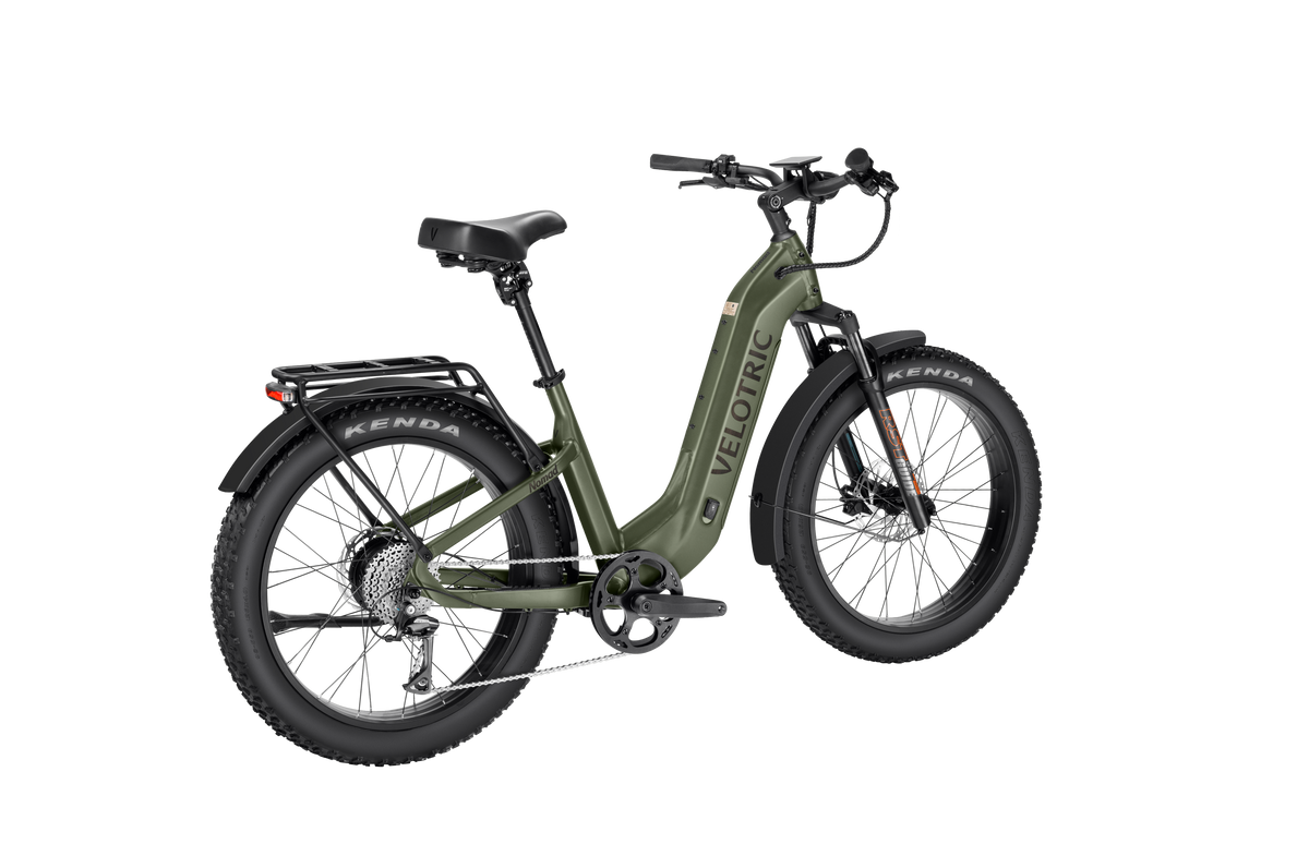 Velotric Nomad 2 Step-Thru in Olive, rear three-quarter view — Zeus eBikes Canada