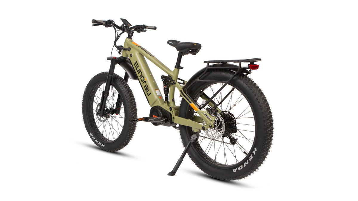 Eunorau Specter-S 4.0 in Army Green, rear three-quarter view: aluminum rear rack with rear light, fender and kickstand — Zeus eBikes Canada
